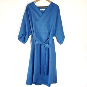 100% Linen European Blue Linen Dress Short Sleeve Breathable Linen Midi Dress